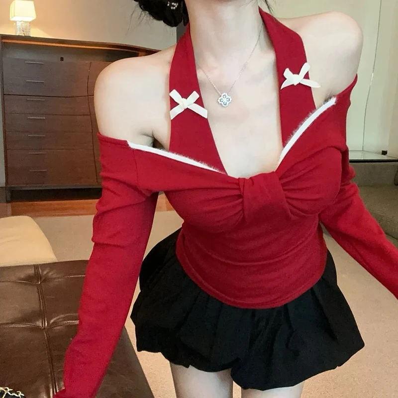 T-shirt sexy alla moda con scollo all'americana da donna manica lunga con spalle scoperte T-shirt patchwork con fiocco autunno inverno Hottie Slim Fit Chic Slash Neck Top