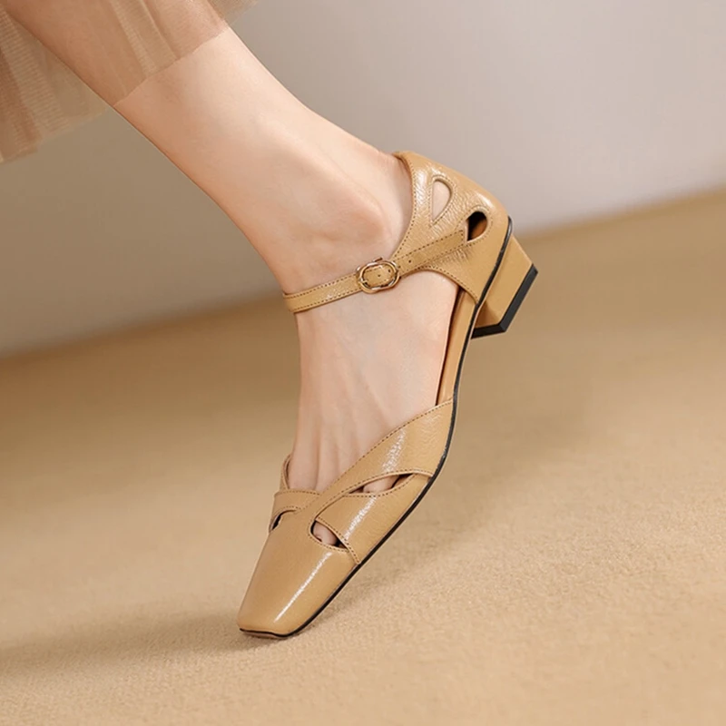 NEW Summer Women Sandals Genuine Leather Shoes for Women Cover Toe Cover Heel Shoes Square Toe Low Heel Concise Designer Sandals