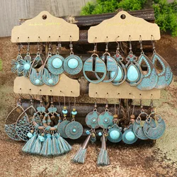 Vintage Boho Blue Stone Turquoise Drop Earrings Set Ethnic Geometric Tassels Bronze Pendant Ear Women's Trendy Jewelry