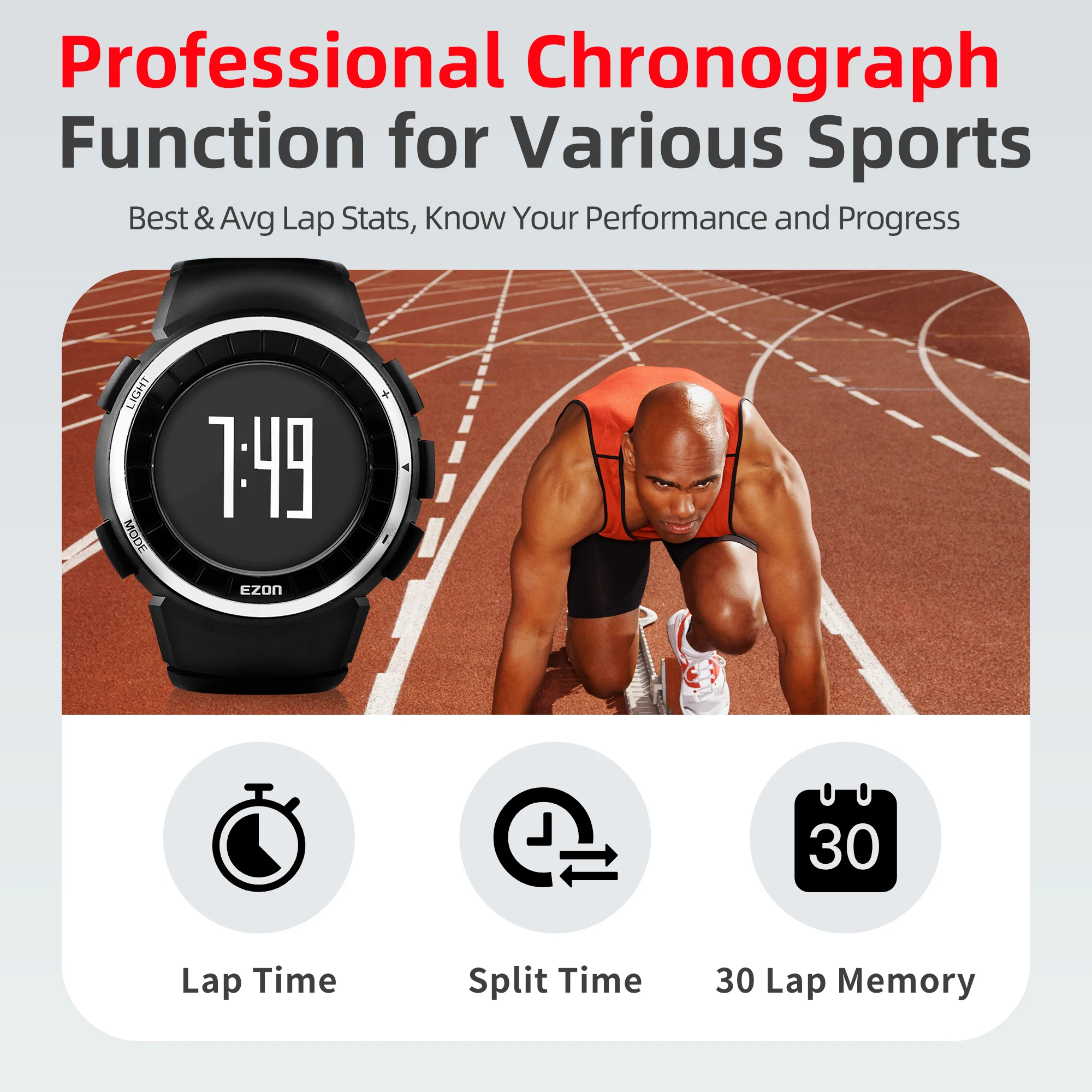 EZON T029 Men Sports Watch Pedometer Calories Chronograph Fashion Outdoor Fitness Watches 50M Waterproof Digital Wristwatches
