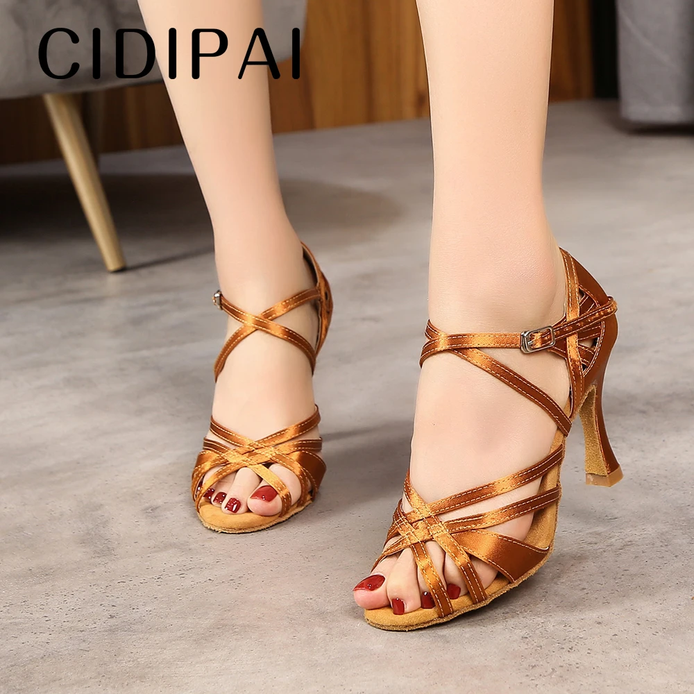 CIDIPAI Satin Dance Shoes Ladies Leopard Latin Dance Shoes Professional Ballroom Dancing Shoes Women Soft Soles Dance Sandals