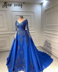 Arabic Royal Blue Formal Evening Dress Long Sleeve Embroidery Beaded Wedding Party Gowns Long Occasion Dresses Detachable Train