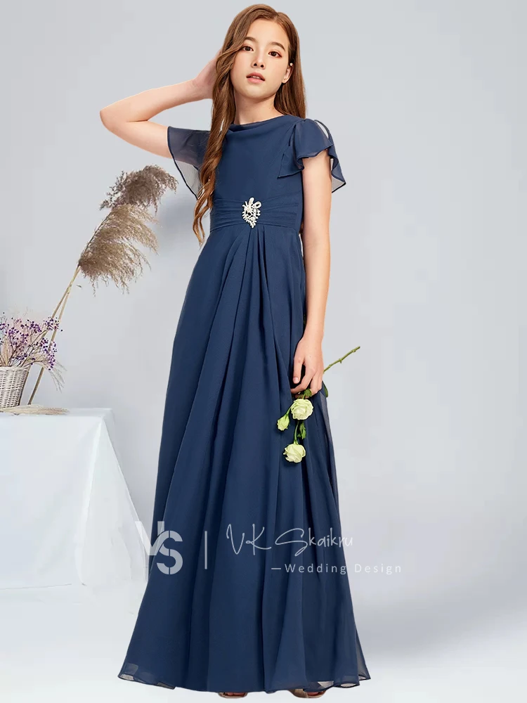 A linha colher até o chão chiffon júnior vestido de dama de honra com strass azul marinho vestido de menina de flor vestido de comunhão para júnior