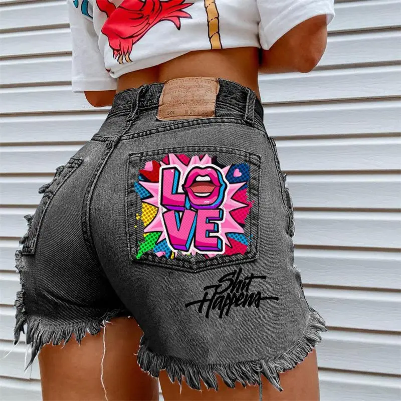 Women's Denim Shorts 2024 Summer New Fashion Print Rock Street Girl Hip Hop Casual Plus Size Denim Shorts