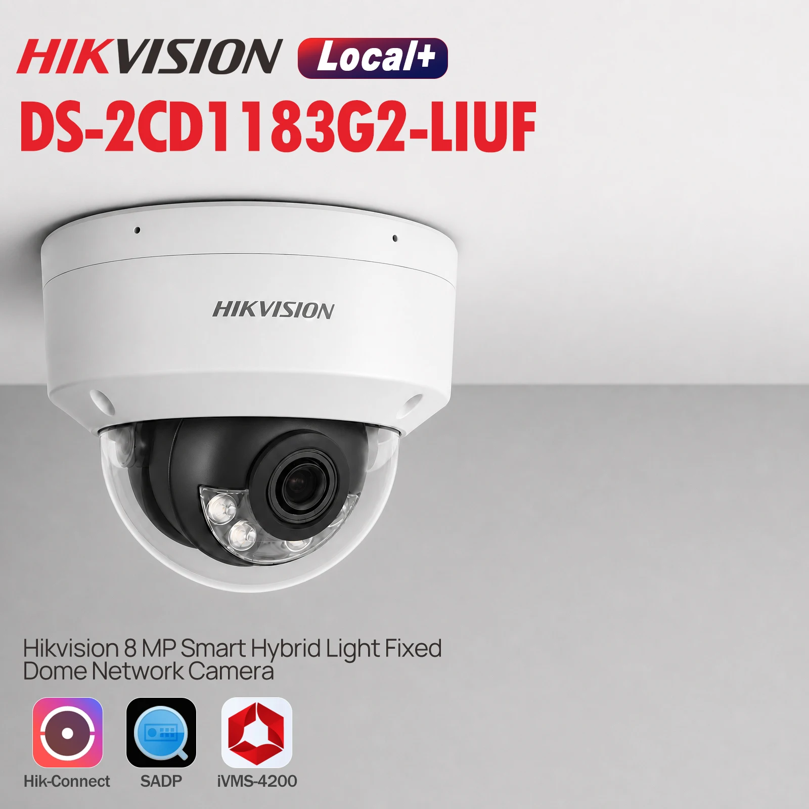 Hikvision DS-2CD1183G2-LIUF Telecamera IP Dome con Illuminazione Ibrida Intelligente 8MP 4K, Rilevamento Umani e Veicoli, Microfono Integrato 120dB, WDR 30m, Visione Notturna a Colori, IK08