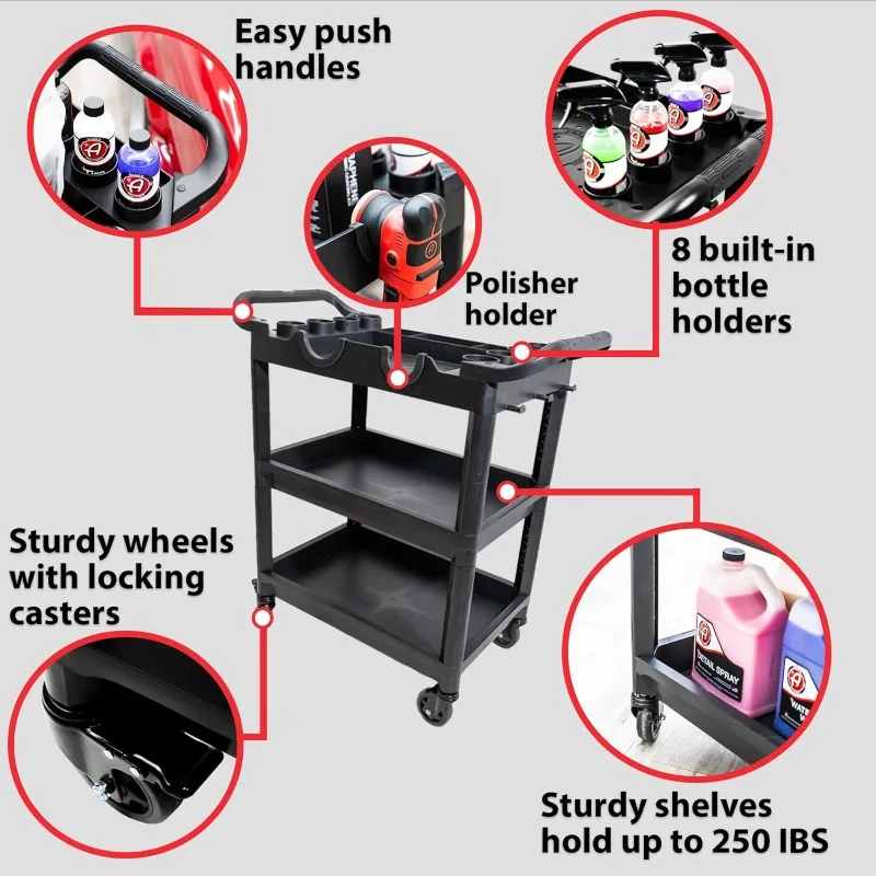 Premium Detail Cart - Car Detailing Cart 3-Tiered Shelves 250 Pound Per Shelf Capacity - Heavy Duty Casters Rolling Cart