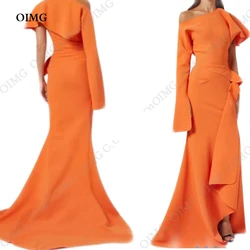 OIMG Orange Evening Dresses Simple Women Ruhced One Shoulder Satin Prom Gowns Summer Beach Long Dress Robe de soiree Plus Size