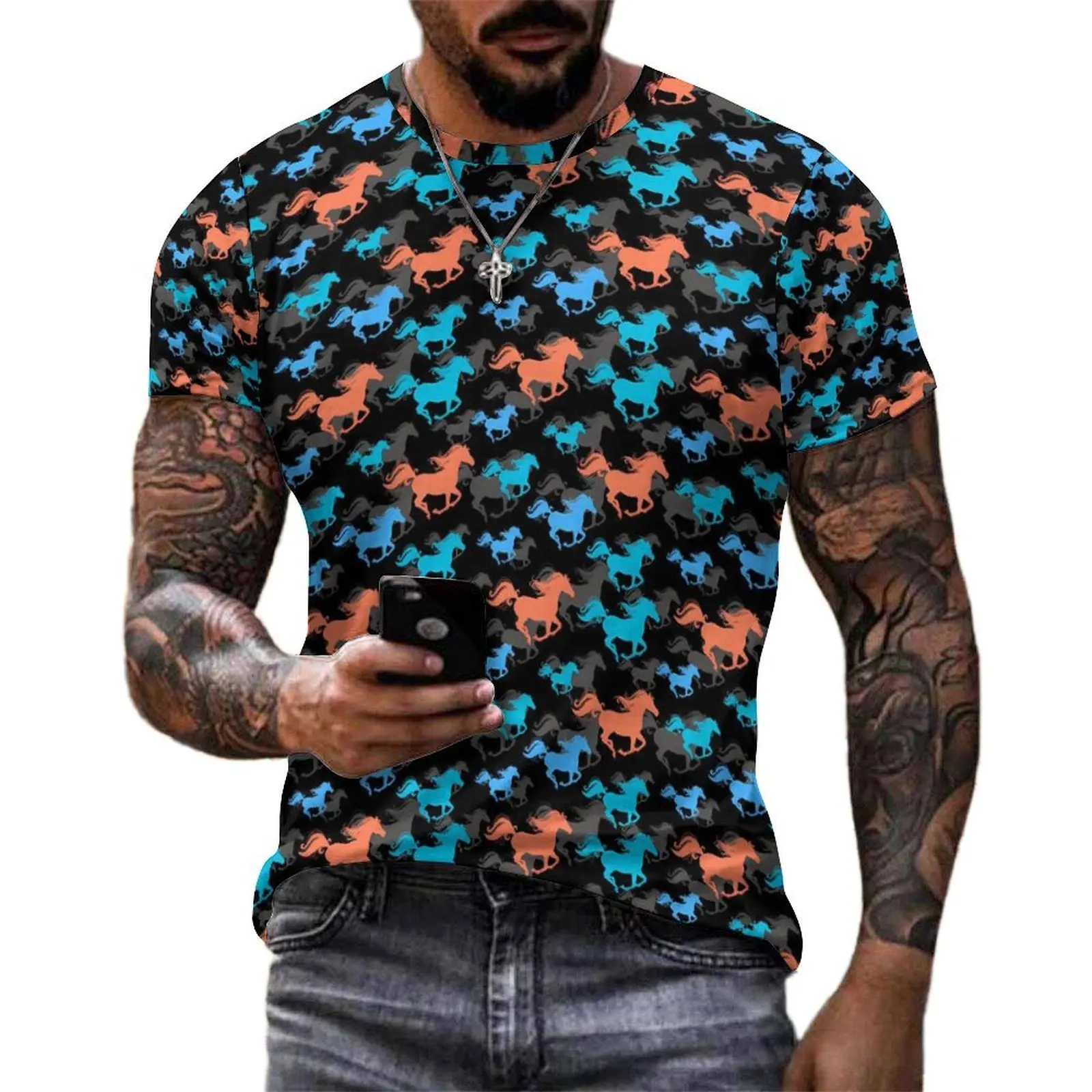 Wild Horse T-Shirt Animal Print Trending T-Shirts Man Funny Tee Shirt Summer Short Sleeve Design Tops Plus Size