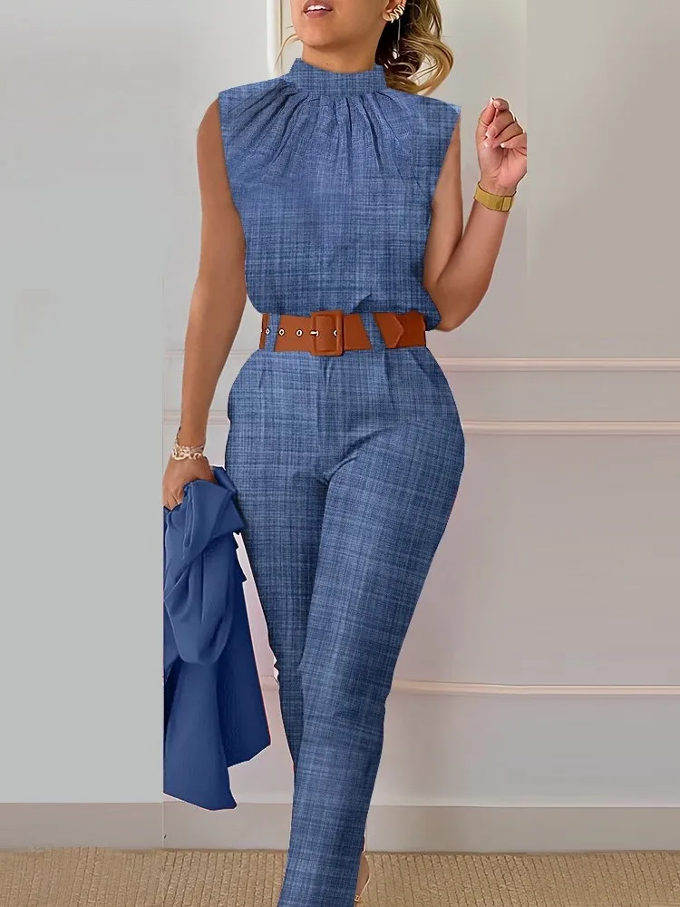 Office For Women Elegant Sleeveless Print Shirt And Pant Set 2024 Fashion Casual O-neck Slim Pants Two Piece Set Summer Outfits