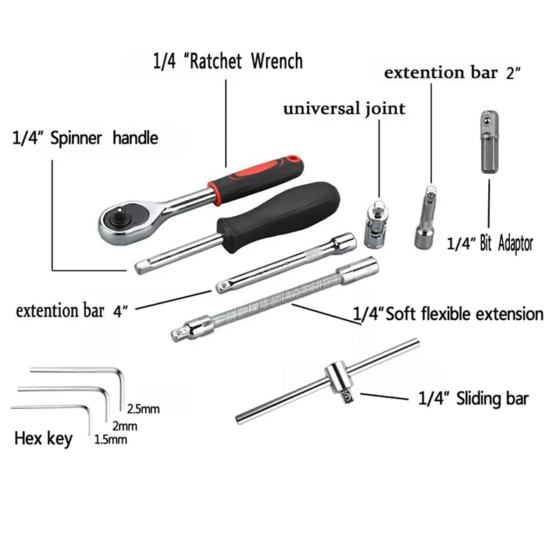 46pcs Socket Ratchet Wrench Combination Set Chrome Vanadium Steel Hardware Tools Motorcycle Bicycle Car Repair Hand Tool Box