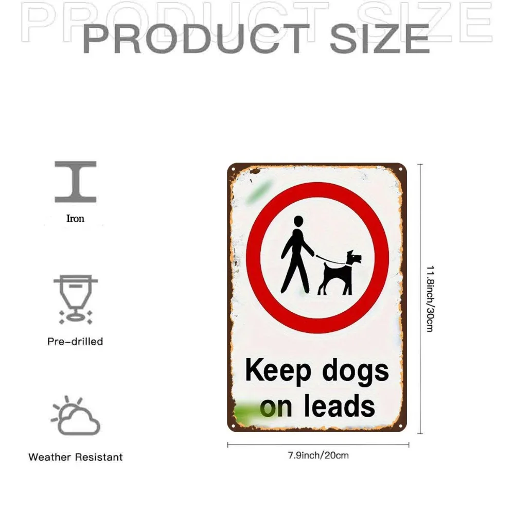 Dog Leash Sign, 2D Flat Metal Tin Plate with Pre-Drilled Holes, Vintage 