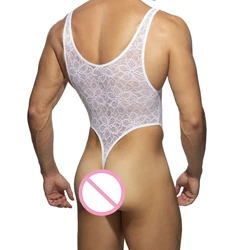 Body de encaje Sexy para hombre, mono con espalda en T, bolsa para el pene, ropa interior sexual Gay, leotardo adelgazante para club nocturno, camiseta de luchadores