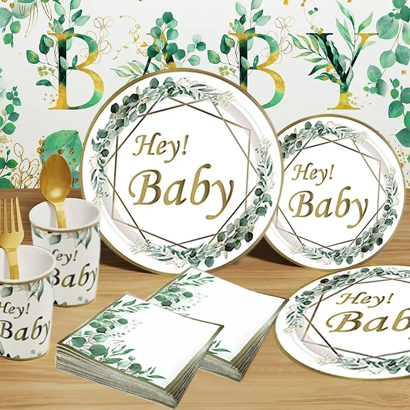 20 Guests Baby Shower Disposable Tableware Set Hey Baby Napkin Plate Gender Reveal Party Supplies with Jungle Leaves Decoration