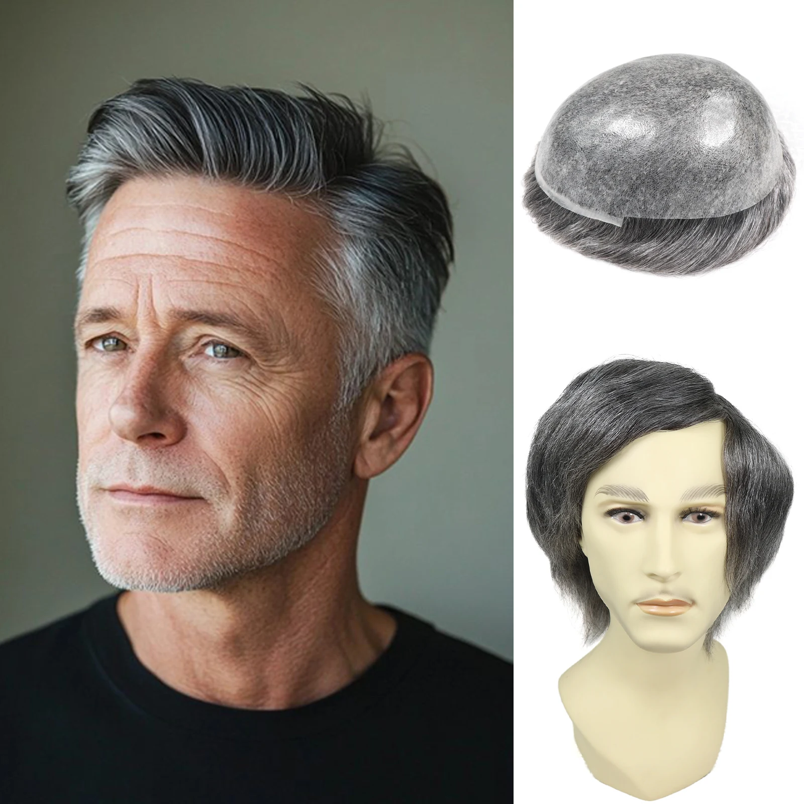 

Мужской парик для замены волос, 0,06-0,08 мм, инъекционная кожа, полный парик из искусственной кожи для мужчин, натуральный серый капиллярный протез, система