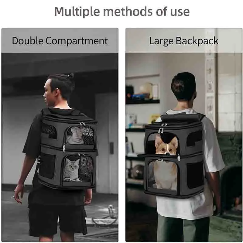 Double Layer Cat Carrier Backpack Removable Cat Bag for 2 Cats Collapsible Pet Carrier for Small Medium Cats Dogs Puppies of 7kg