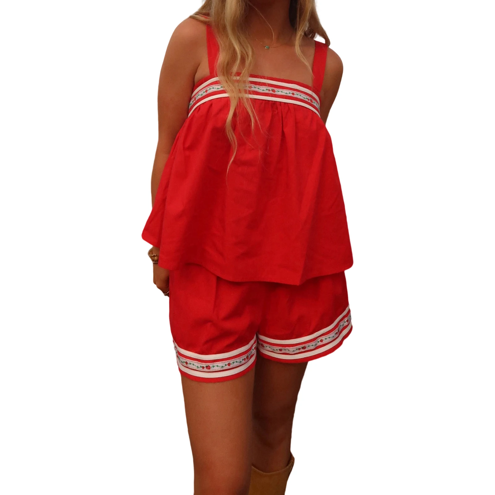 

Women Summer Pajama Set Floral Trim Babydoll Tank Tops and Elastic Waist Shorts 2 Piece Lounge Outfit