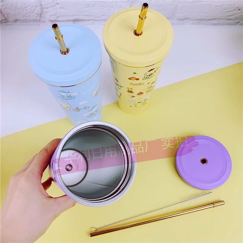 Kawaii Stainless Steel Straw Cup Sanrioed My Melody Kuromi Cinnamoroll Cute Cartoon Large Capacity Coffee Cup Thermal Mug Gift