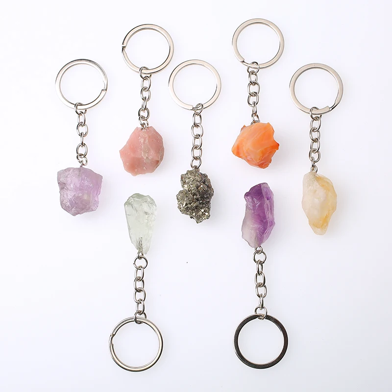 1pcs Natural Rough Raw Stone Crystal Quartzs Keychain Women Men Handbag Hangle Car Key Holder Raw Mineral Stone KeyRing Jewelry