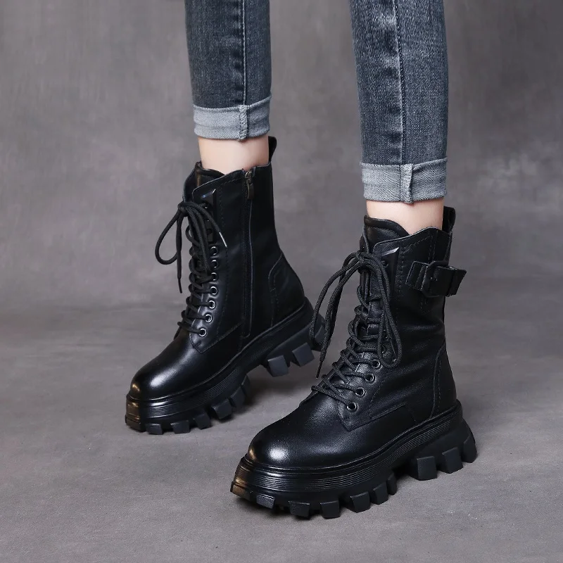 DRKANOL 2024 Fashion Autumn Winter Warm Platform Boots Women Genuine Leather Wedges Heel Motorcycle Boots Handmade Retro Style