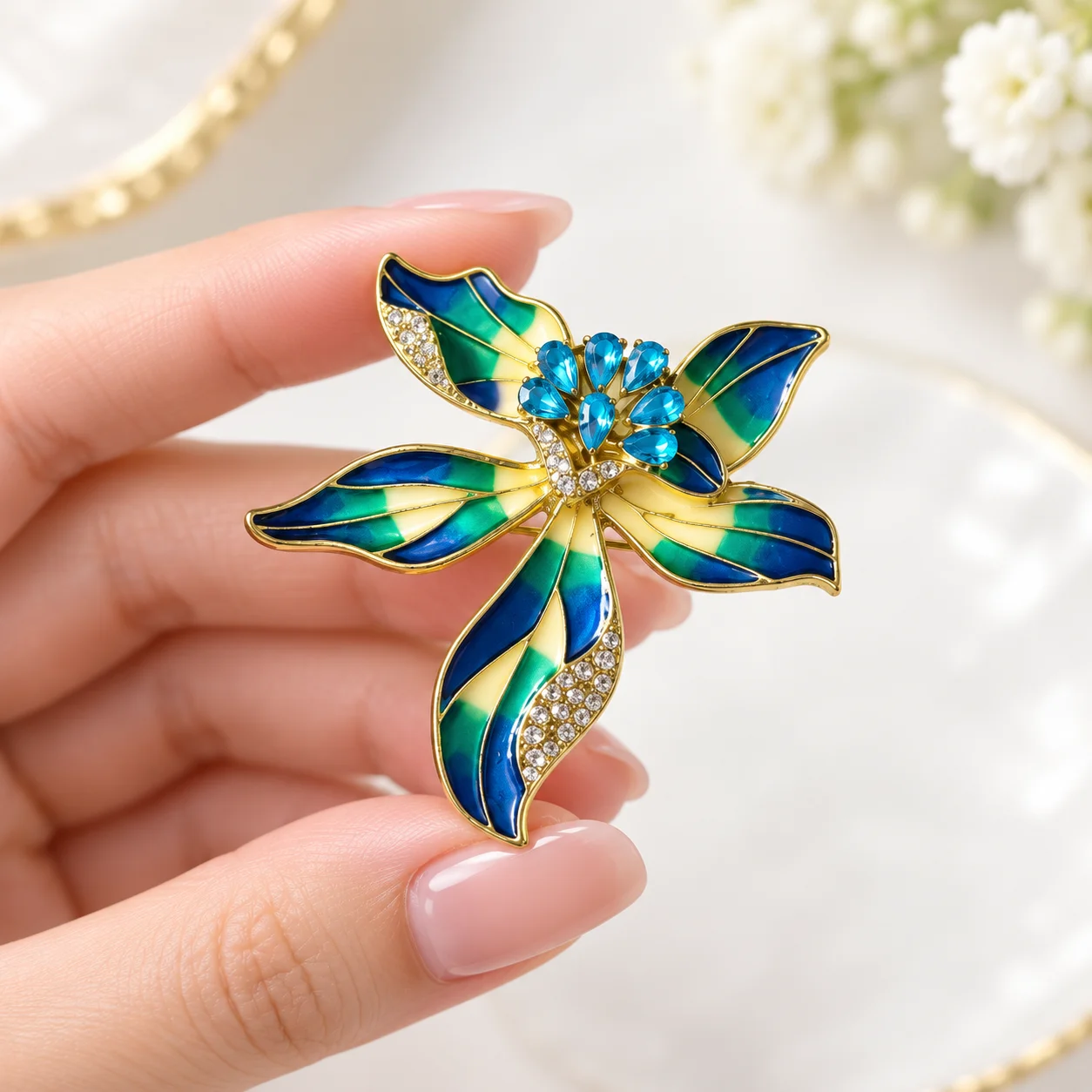 Blue-Green Enamel Flower Brooc - Photography Lighting Style review and price