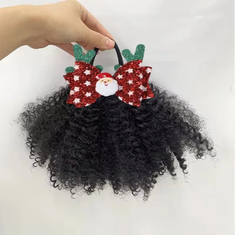 

2pack kinky Hair Afro Puff Ponytail with sequin Bow - Kinky Marley Hair Extensions for Girls, Natural Christmas Hair Accessories