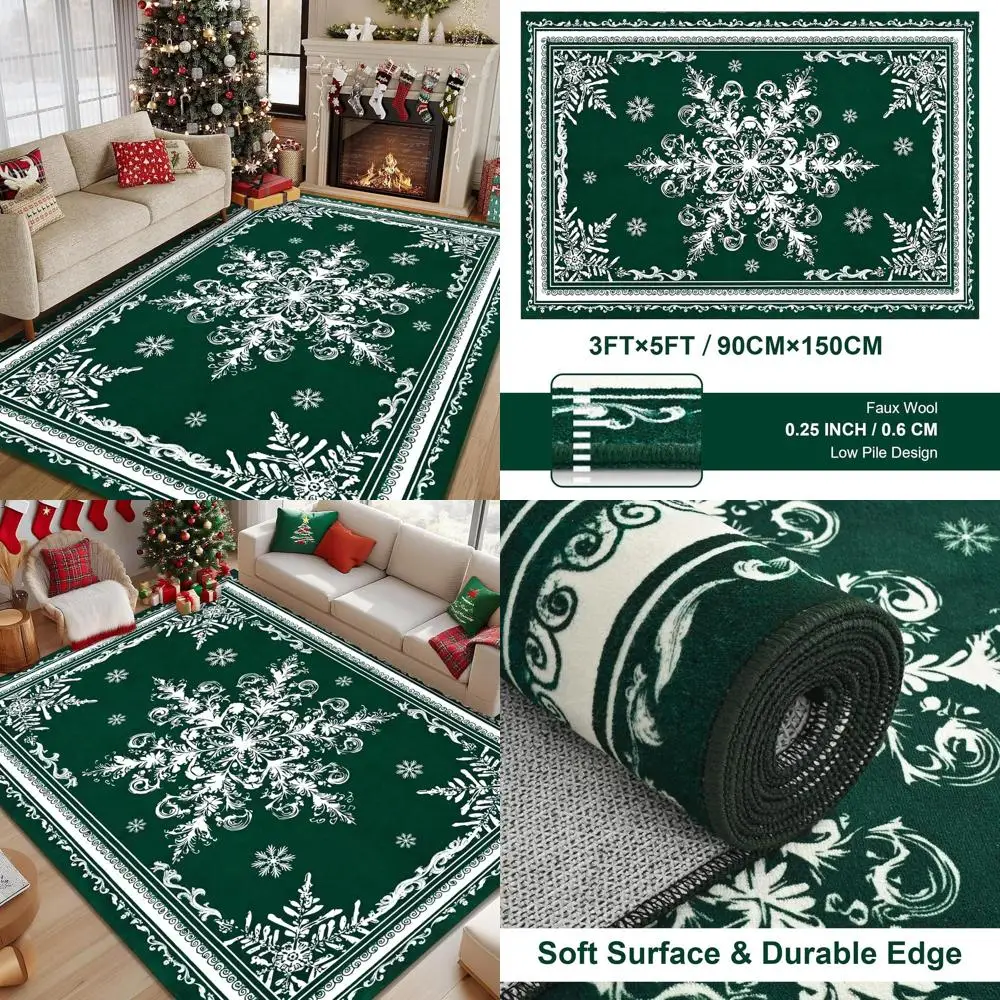 

Green 3x5 Christmas Rug, Non-Slip Snowflake Mat, Washable Low Pile Faux Wool for Living Room, Bedroom, Kitchen, Holiday Decor