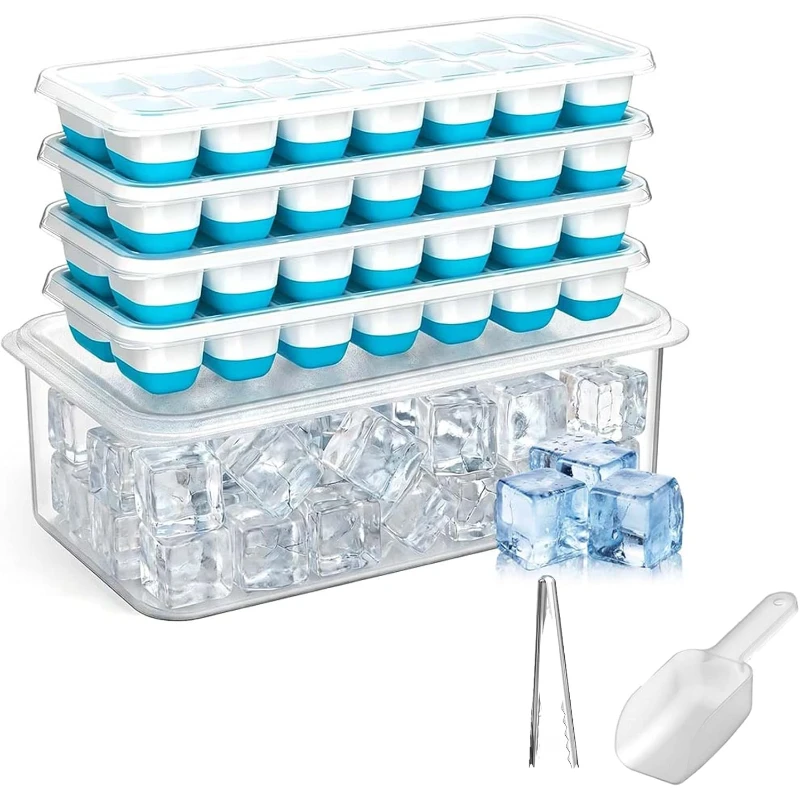 Ice Cube Trays with Storage Bin&Scoop,4 Pack 48 Cubes Stackable Silicone Trays for Freezer with Lid Party Cocktail Coffee (Blue)