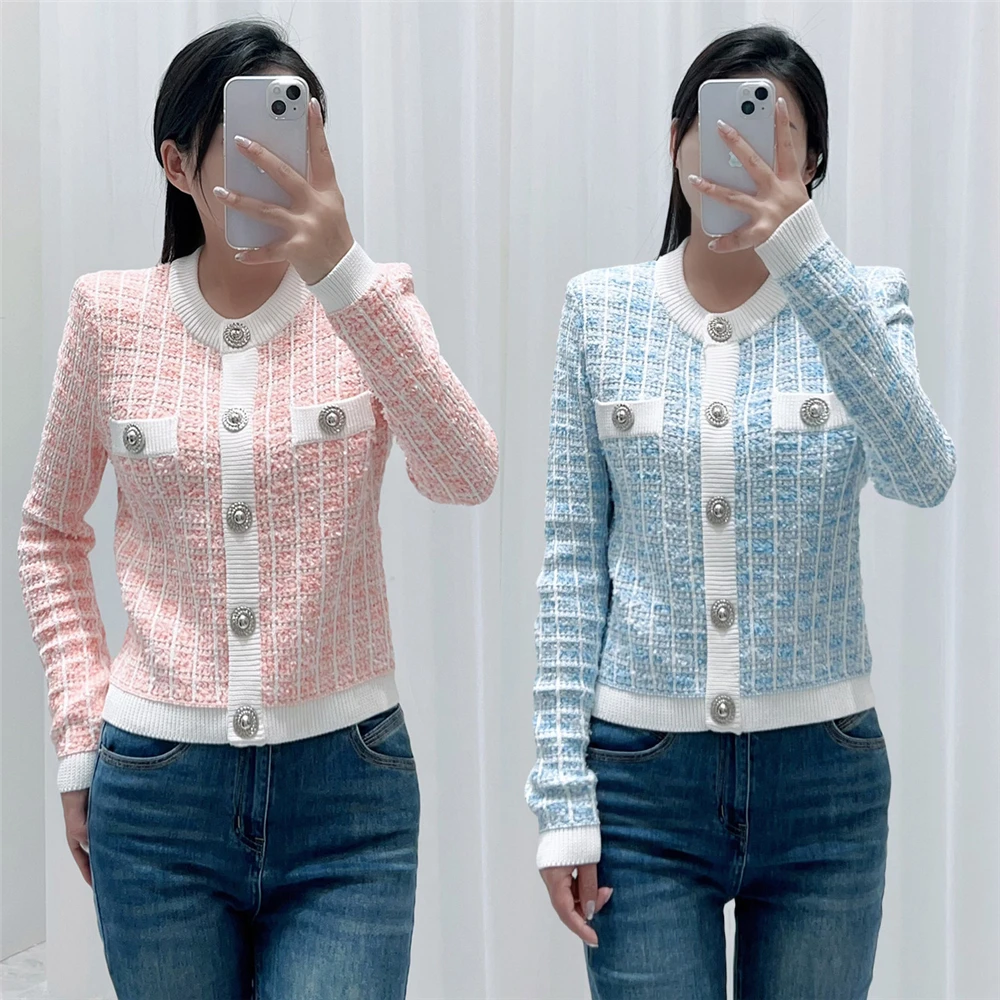 High-End Version Parisian Style Sweet Youthful Golden Button Plaid Long Sleeve Outerwear Open Cardigan Elegant round Neck Sho...