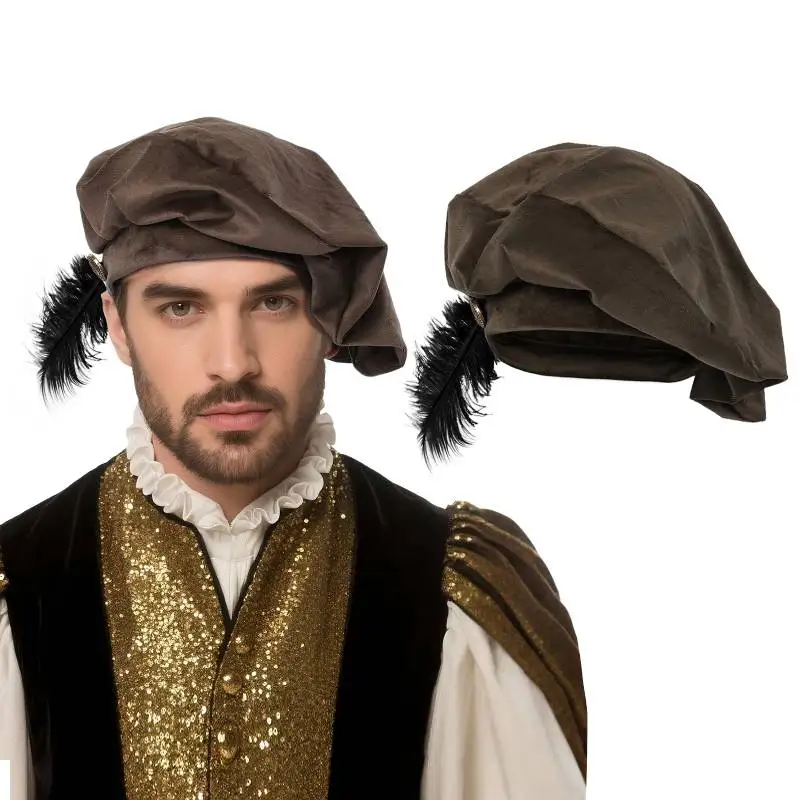 

WENAM Средневековый 15-го века Ренессанс Тюдор Елизаветинский Революционный Шляпа Маффин Поэт Дискетная Шляпа Тюдор Бархатная Шляпа с Перьями