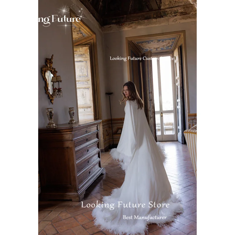 Morden Ivory Sheath Long Wedding Dress Simple Detachable Train Pleat Feathers Sexy Deep V Neck Backless Bridal Dresses 2026