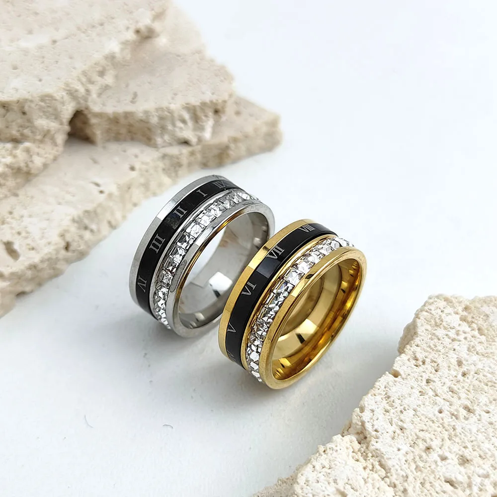 Stylish and Charming Stainless Steel Gold-plated Men's Ring, Simple Roman Numeral Zircon Women's Ring, Wedding Party Jewelry