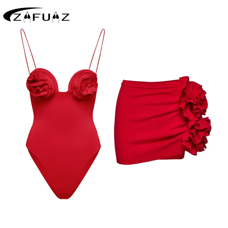 ZAFUAZ 2023 Sexy One Piece 3D Flower Swimwear Women Vintage Swimsuit Push Up Ruched Swimsuit Beachwear Summer Skirt Bathing Suit