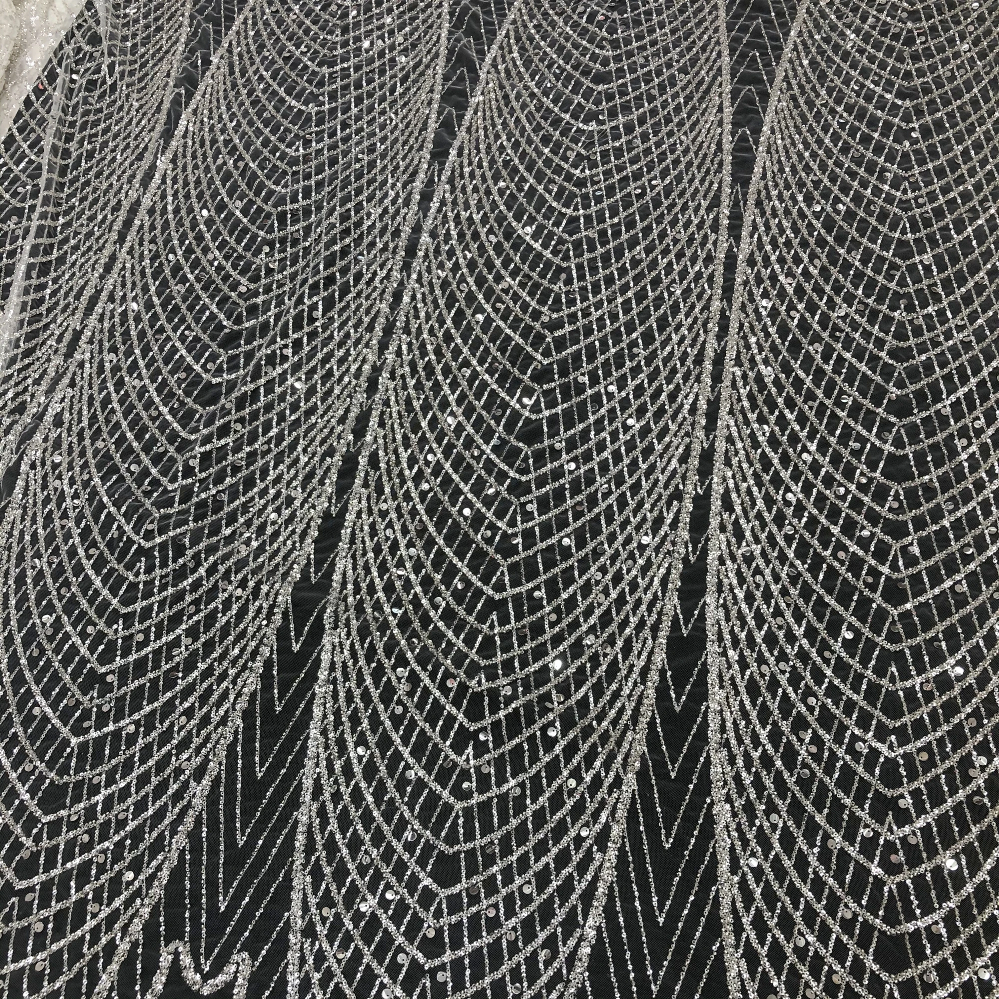 Simple Pattern High Quality Silver Sequin Beads Embroidery Wedding Evening Dress Lace Fabric