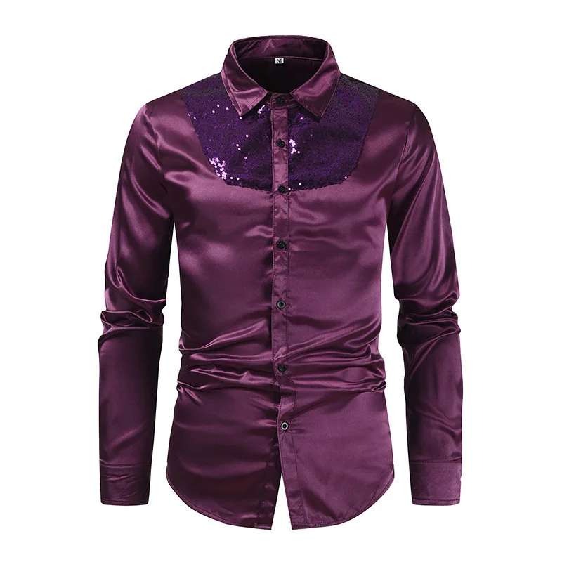 Men's Shirt Glitter Sequins Shirt Performance Nightclub Men's Host Mc M Top Wedding Host Prom Men's Shirts Lapel Long Sleeve Top