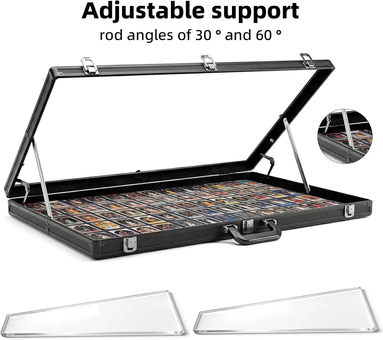 Vitrine de table en aluminium verrouillable 32x22 pouces pour cartes de baseball, avec poignée latérale en acrylique et tige de support pour cartes sportives