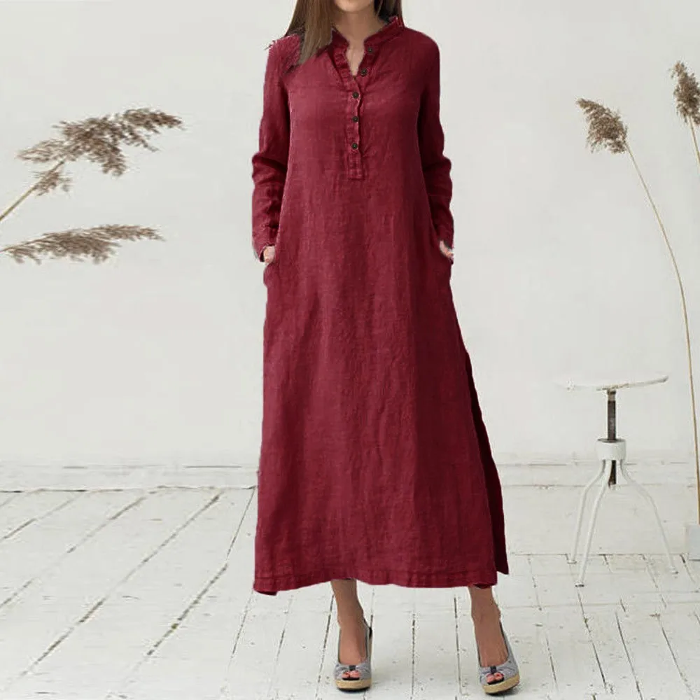 

Women Dress Button Neck Fashion Solid Dress Summer Autumn Long Sleeve Maxi Dress Elegant Shirt Vestidos Femme Split Sundress