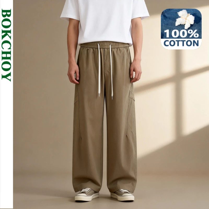 

2026 Spring Summer New 100% Cotton Casual Cargo Pants for Men Clothing Comfort Drawstring Big Pocket Male Trousers LX6051