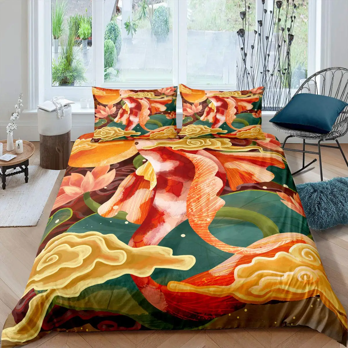 

Koi Fish Duvet Cover Set King Size Oriental Asian Culture Lotus Bedding Set Microfiber Twin Cloud Quilt Cover For Girl Farmhouse