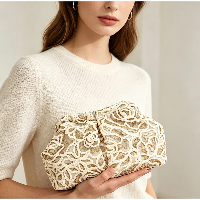 Clutch-Tasche mit floraler Spitze und Häkelverschluss, elegante Abendtasche für Damen für Hochzeit, Bankett und Party, schicke Kosmetiktasche. – Detail 3