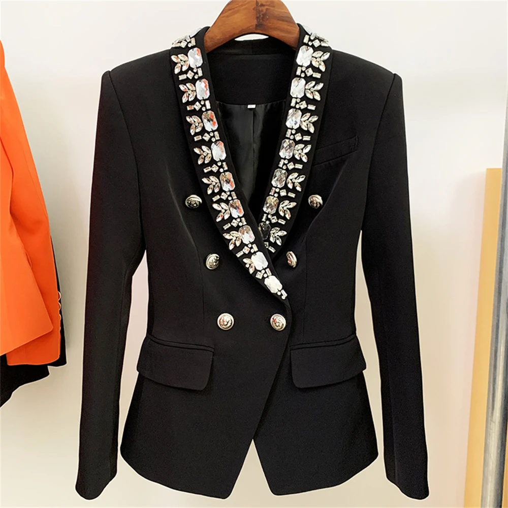 Hand-sewn Crystals Women Suit Blazer, Double Breasted, Full Sleeves, Slim Fit Fashion Suits Coat, Autumn Jacket