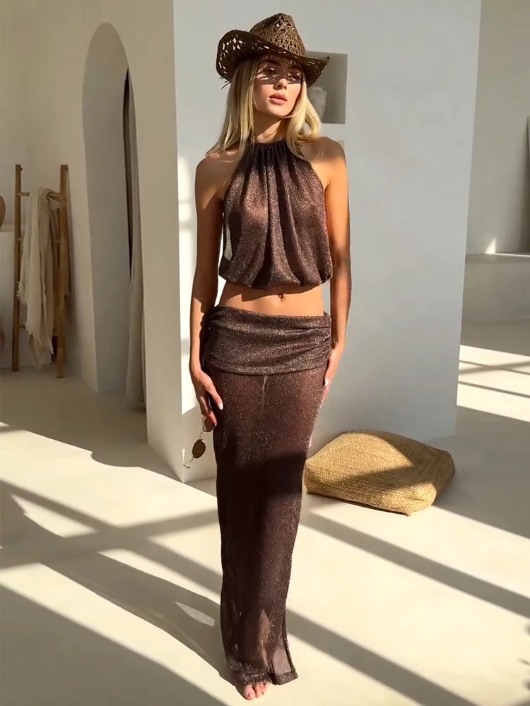 

Sexy Knit Sets See-through Backless Lace-up Top Beach Half Skirt Two-piece Swimsuit Cover Up Summer Women Party Outfit K167