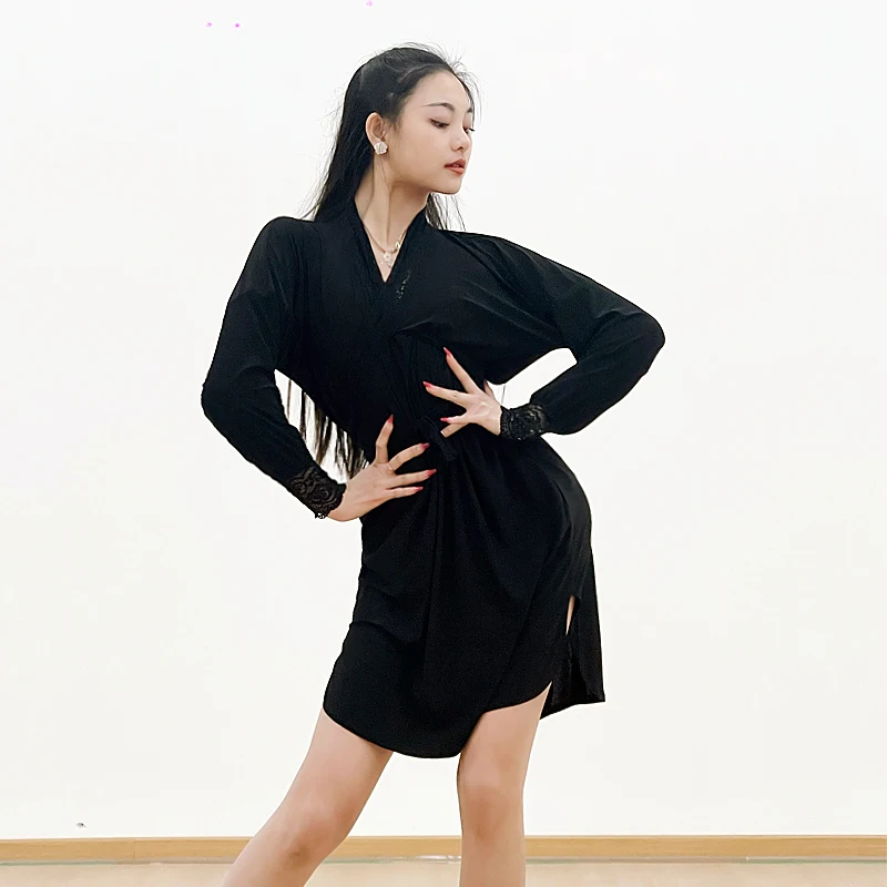 New style latin dance dress with lace loose self-cultivation practice dance dress with and practice dance clothes with belt