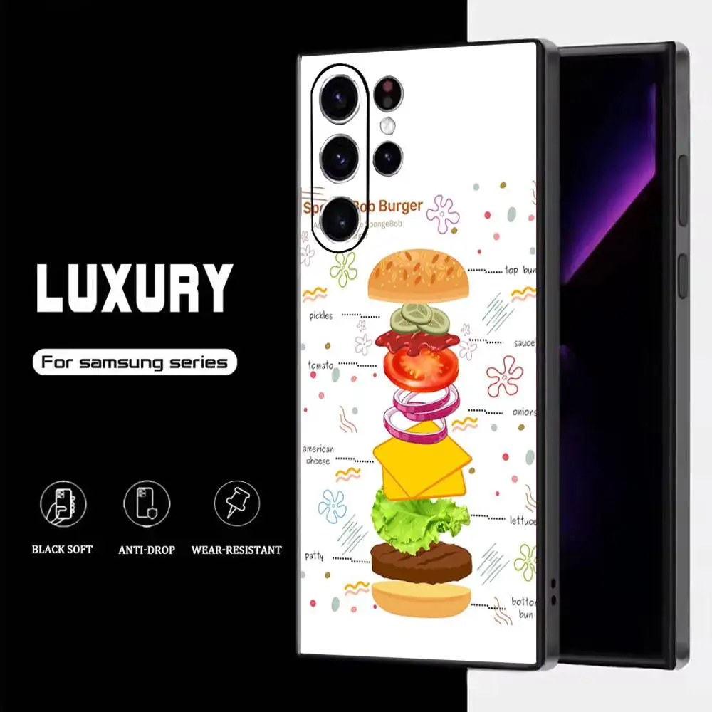 B-Bikini Bottom burgers Fries حافظة هاتف لهاتف سامسونج S25، S24، S23، S22، S21، S20، S10، Ultra، Plus، Lite، FE، غطاء أسود من السيليكون الناعم