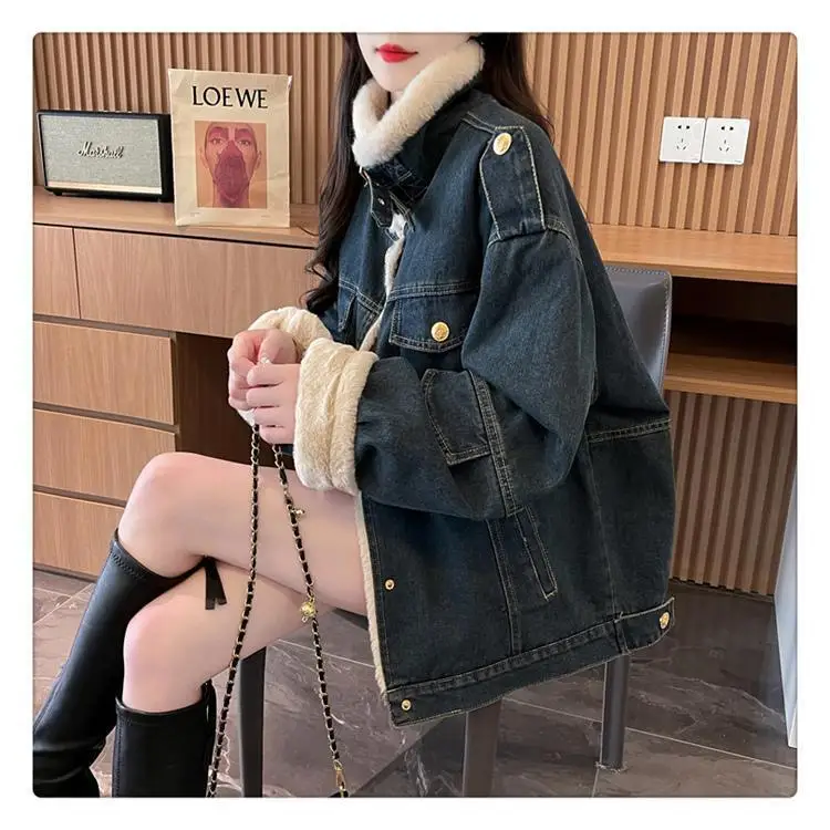 

Джинсовые пальто женские большие меховые плюшевые женские зимние скульптурные пошив минималистичный гранж фестиваль активный отдых на свежем воздухе стеганый шик