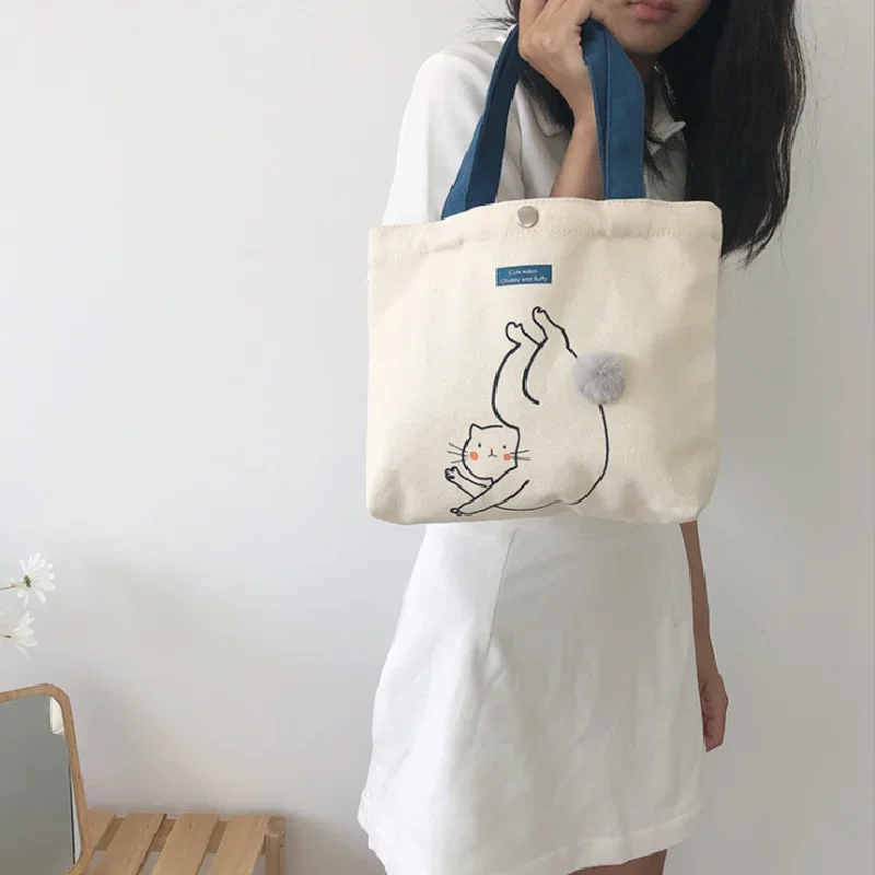 1PC Female\'s Canvas Lunch Bags Handbags Cute Cartoon Yellow Duck Lunch Bag Casual Simple Tote Bags Women Fashion Bag Lonchera