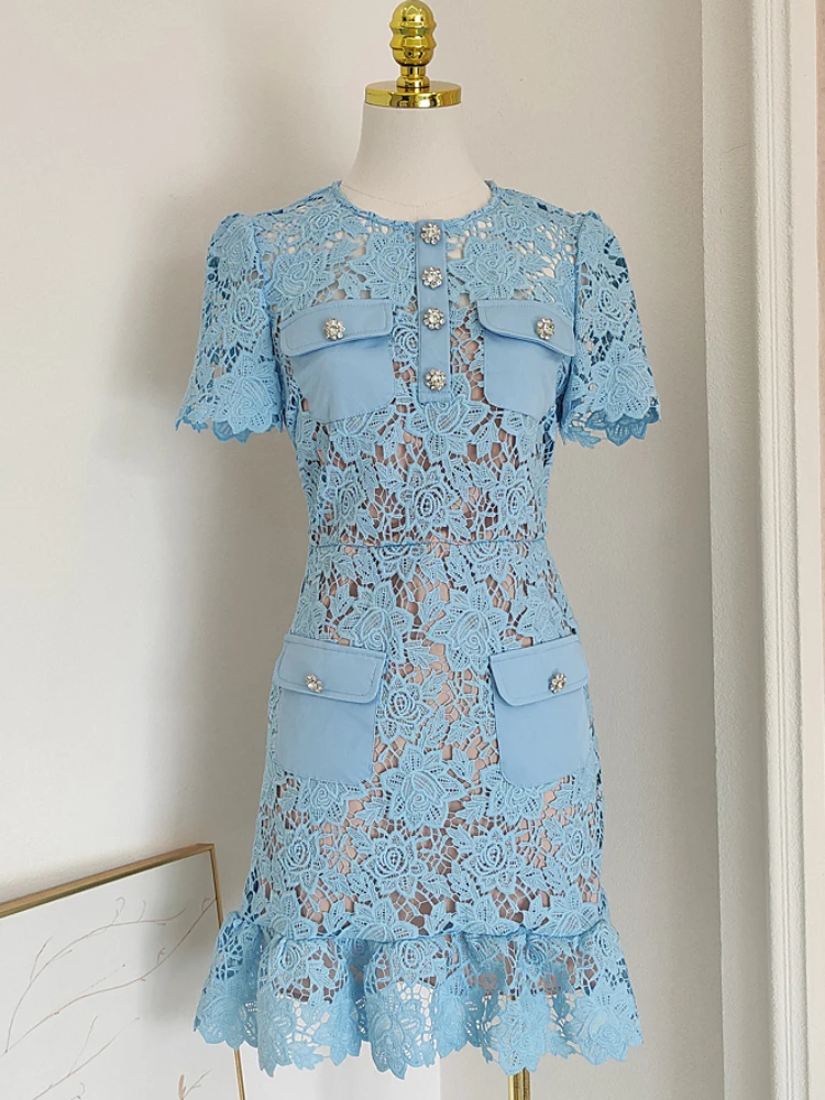 

Women French Banquet Party Dress Lace Suit Summer New Embroidery Hollow Ruffled Diamond Buckle With Belt Slim Hip Fishtail Skirt