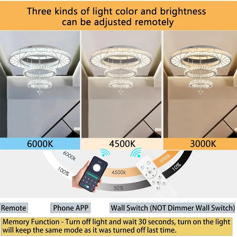 Modern LED Chandeliers for Bedroom Dining Room Crystal Flush Mounted Ceiling Lights Remote Dimmable Lighting Fixtures Rings