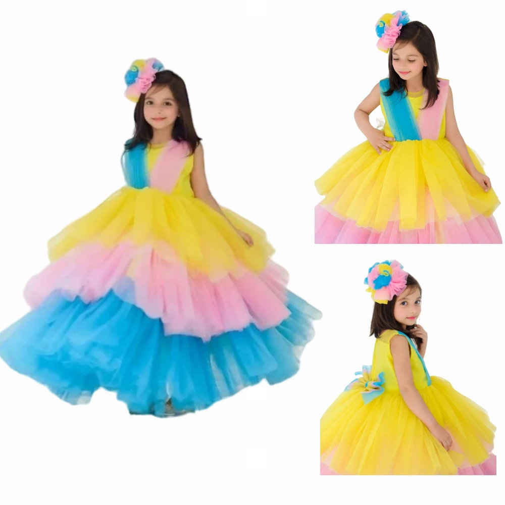 Rainbow Gradient Tulle Flower Girl Dress sleeveless Ruffles Ball Wedding Dresses Bow Back Girls Birthday  Communion Gowns