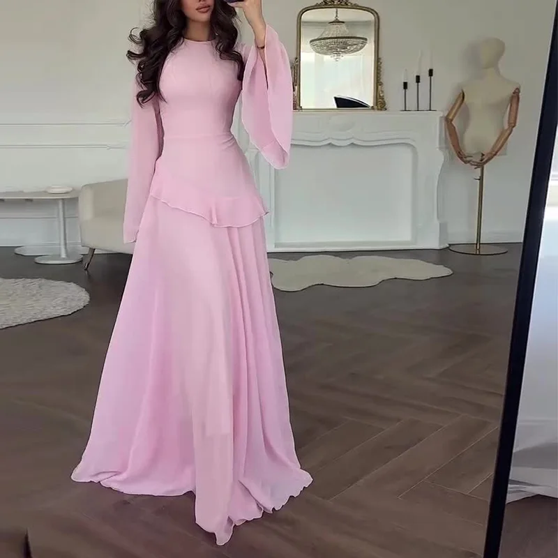 cheap cheap clothes Women Chiffon Solid Ruffled Dress Flare Sleeve Round Neck New Elegant Maxi Gown Evening Party Fashion Holiday Lady - Aliexpress Deal