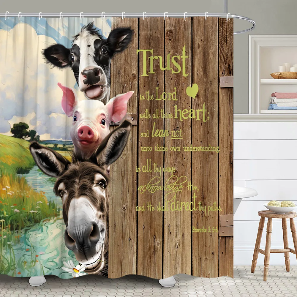 Farm Highland Cow Shower Curtain Farmhouse Pig Donkey Flower Rustic Wood Panel Butterfly Plant Polyester Bathroom Decor Curtain